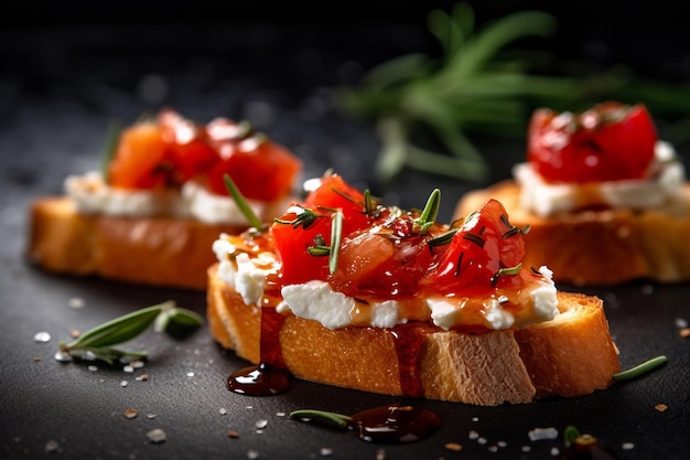 Une assiette de pain grillé avec un morceau de pain avec une tomate dessus.