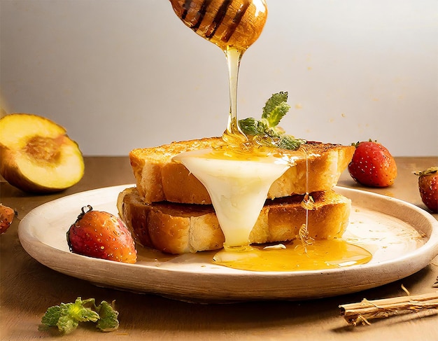 Une assiette de pain grillé avec des pommes et des bananes.