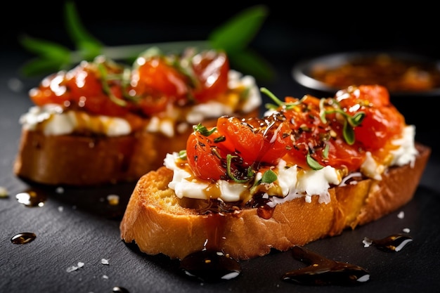 Une assiette de pain grillé avec une tomate et du fromage de chèvre dessus.