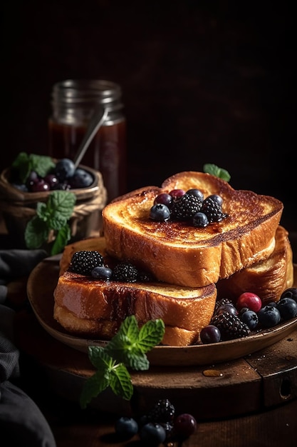 Une assiette de pain perdu avec des baies et des feuilles de menthe