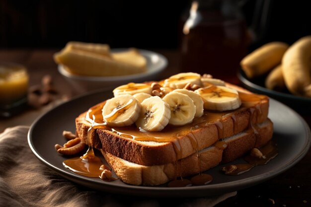 Une assiette de pain perdu avec des bananes et des noix dessus.