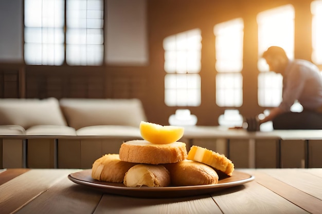 Une assiette de pain avec une tranche de citron sur le dessus