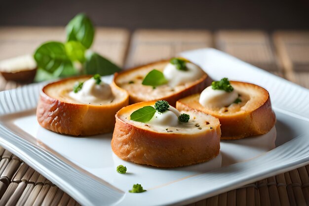 Une assiette de pain avec trois petits morceaux de fromage et une petite quantité de basilic sur le dessus.