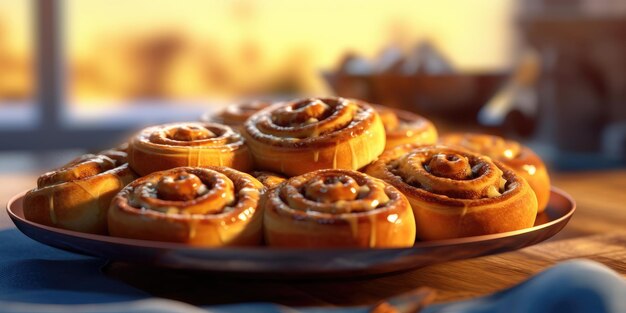 Une assiette de pains de cannelle avec de la cannelle sur le dessus