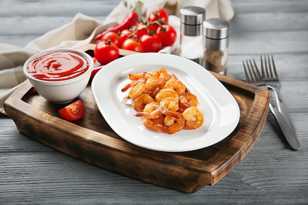 Assiette avec panier de crevettes fraîches et sauce sur table