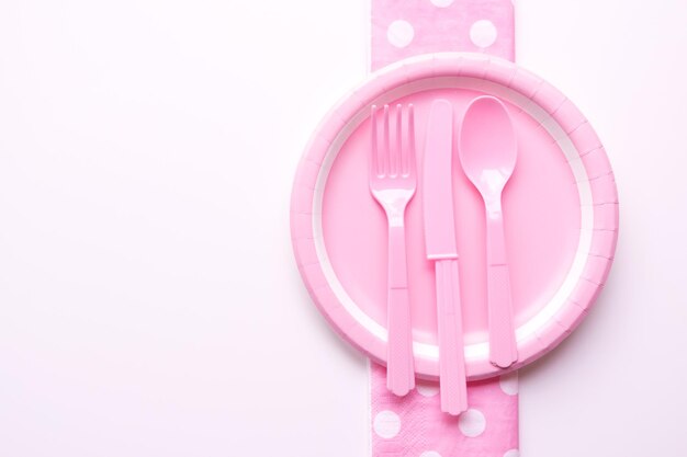 Assiette en papier de couleur rose avec fourchette et couteau en plastique