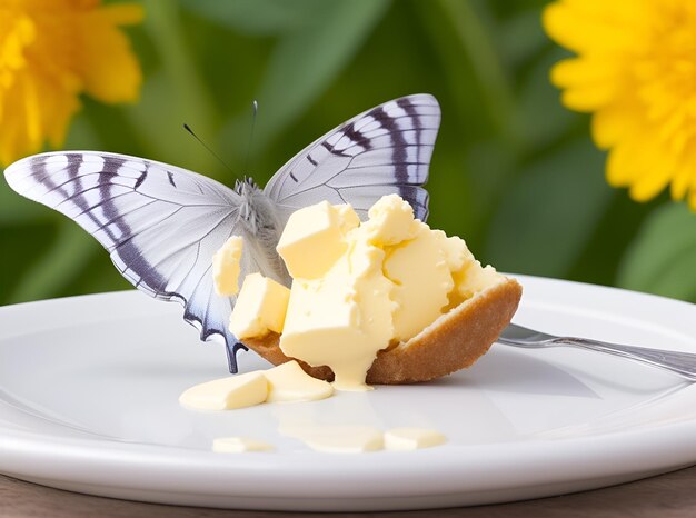 une assiette avec un papillon et un couteau dessus