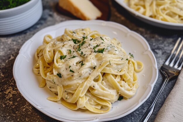 une assiette de pâtes avec du fromage et du persil