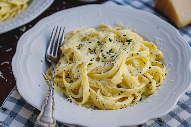 Photo une assiette de pâtes avec une fourchette et une fourgonne dessus