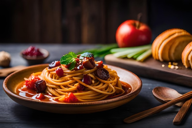 une assiette de pâtes avec des fruits et des légumes