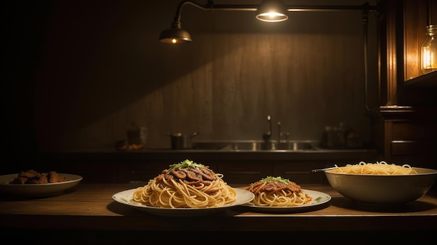 Une assiette de pâtes avec une lumière dessus