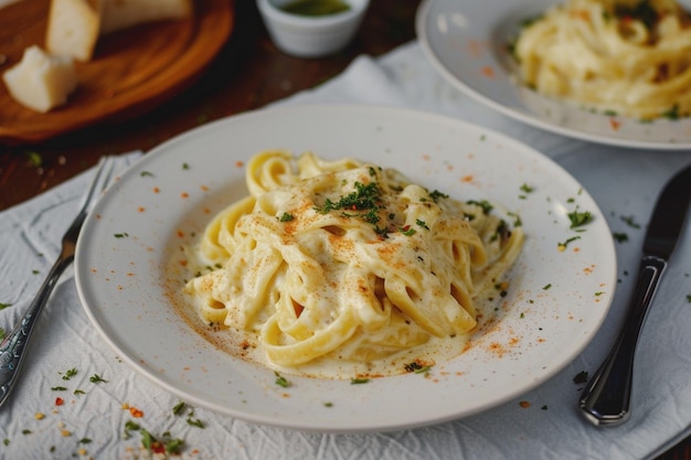 une assiette de pâtes avec de la sauce et du persil