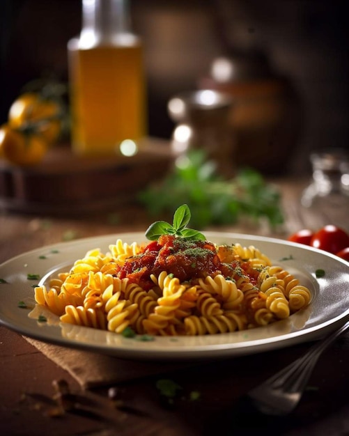 Une assiette de pâtes avec une sauce tomate dessus