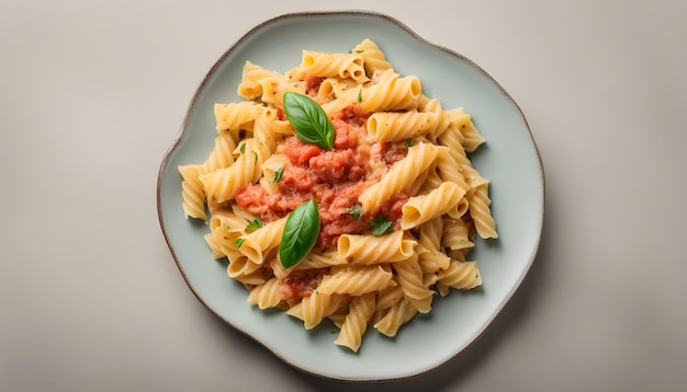 une assiette de pâtes avec de la sauce tomate et du basilic