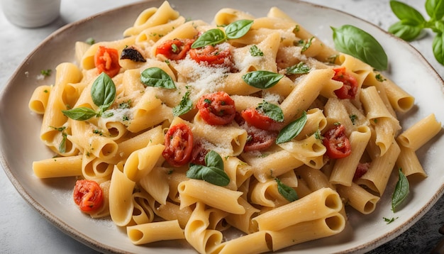 une assiette de pâtes avec des tomates et du basilic