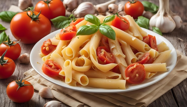 une assiette de pâtes avec des tomates et du basilic