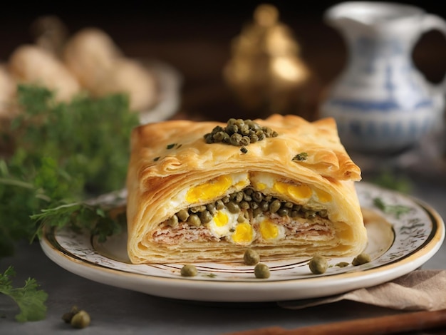 une assiette avec une pâtisserie qui a une étiquette bleue et blanche sur elle