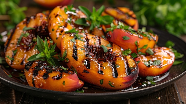 Une assiette de pêches grillées avec du miel et de la cannelle