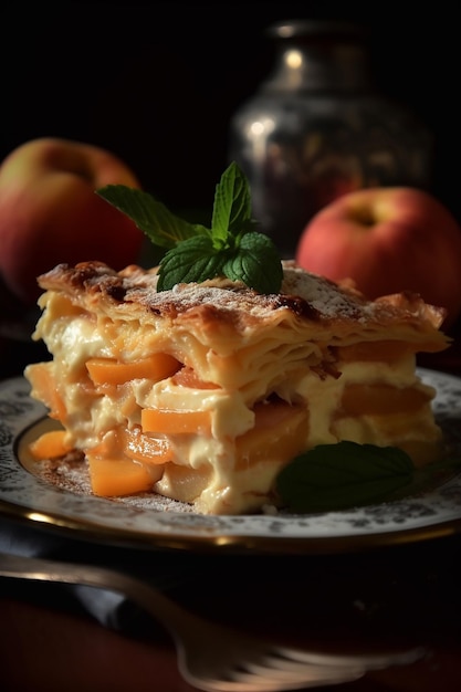 Une assiette de pêches et tarte à la crème avec une feuille de menthe sur le dessus.