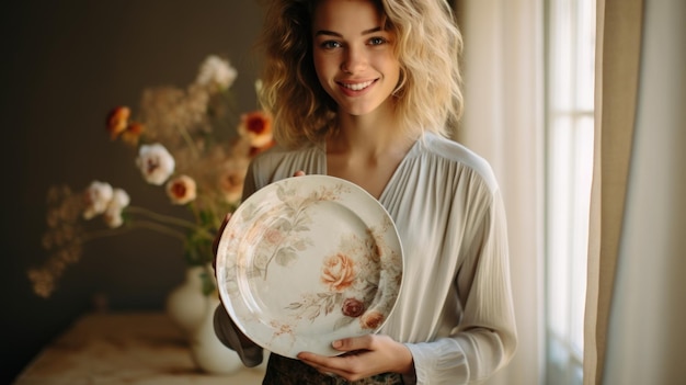 Assiette peinte à la main sur le thème floral sur une IA rustique blanche générée