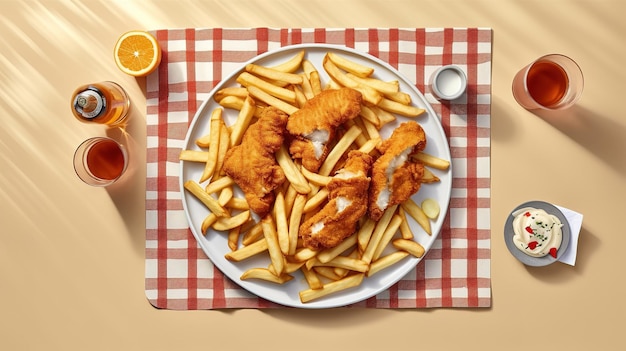 Une assiette de pépites de poulet et de frites avec une bouteille de jus d'orange sur la table