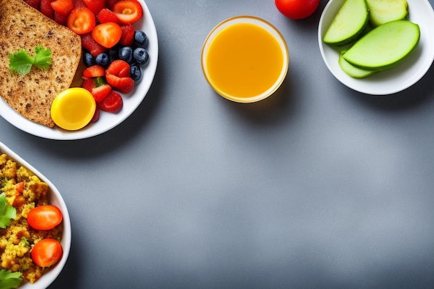 Une assiette de petit-déjeuner avec une assiette de nourriture et un verre de jus d'orange.