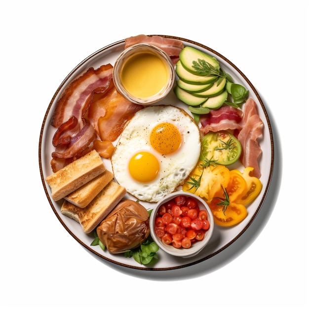 Une assiette de petit-déjeuner avec une assiette de petit-déjeuner avec un côté d'œufs, d'avocat et de tomate.