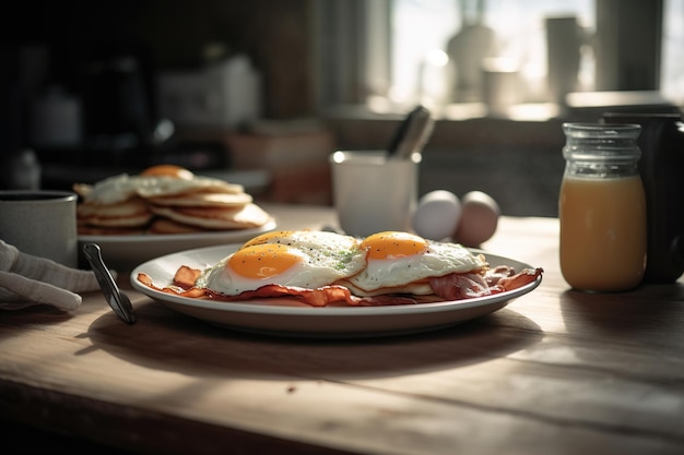 Assiette petit-déjeuner avec crêpes oeufs et bacon Generative AI