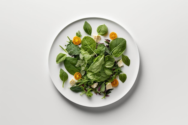 Assiette avec une petite salade de légumes vue d'en haut sur fond blanc générée par l'IA