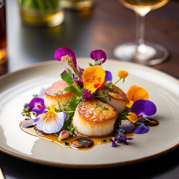 Une assiette de pétoncles avec une fleur dessus