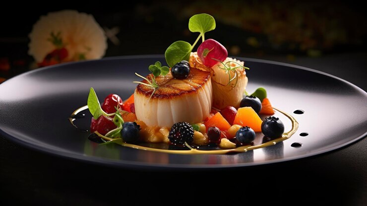 Photo une assiette de pétoncles avec des fruits dessus