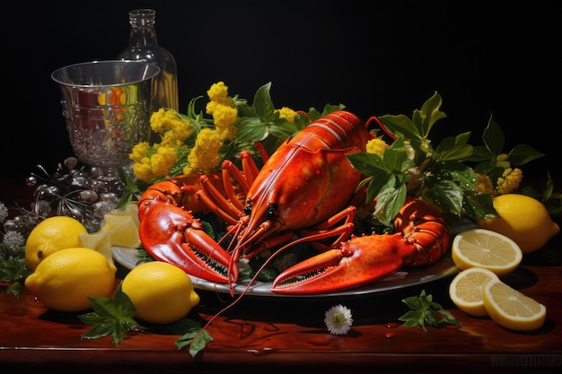 Photo une assiette pleine de homards fraîchement cuits et de citrons tranchés servis sur une table un homard rouge sur un plateau d'argent entouré de citrons et d'herbes al généré