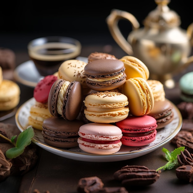 Assiette pleine de jolis macarons pastel avec fond de Noël IA générative