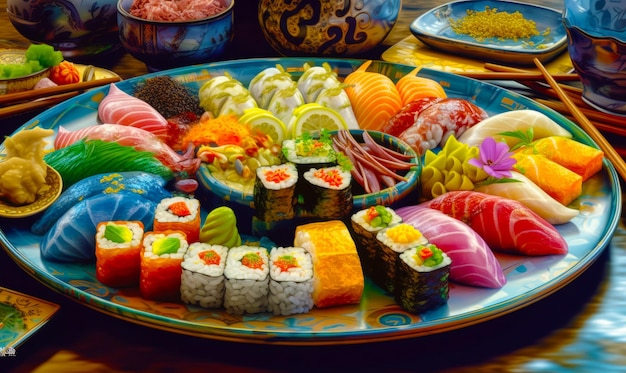 Assiette pleine de sushis sur table avec d'autres assiettes de nourriture Generative AI