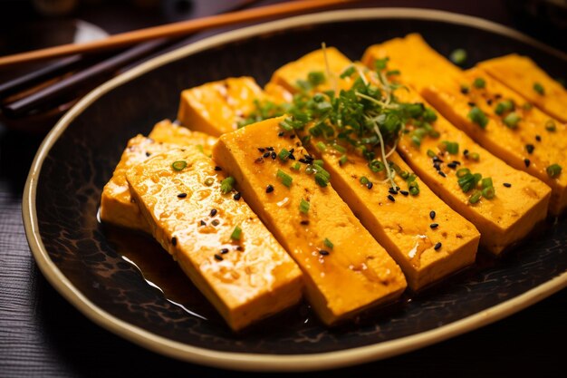 Une assiette pleine de tofu tranché