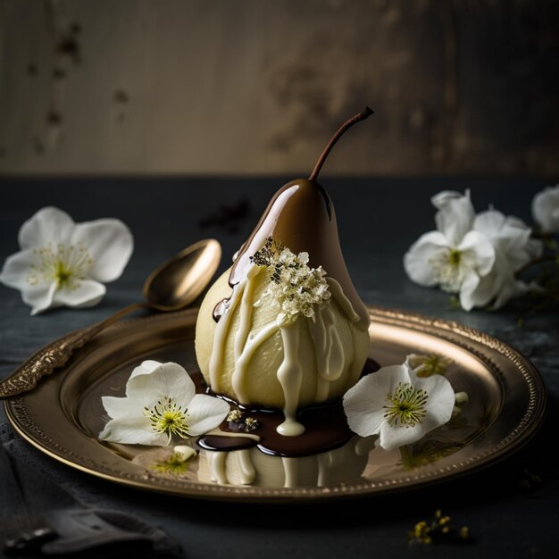 Une assiette avec une poire et des fleurs dessus