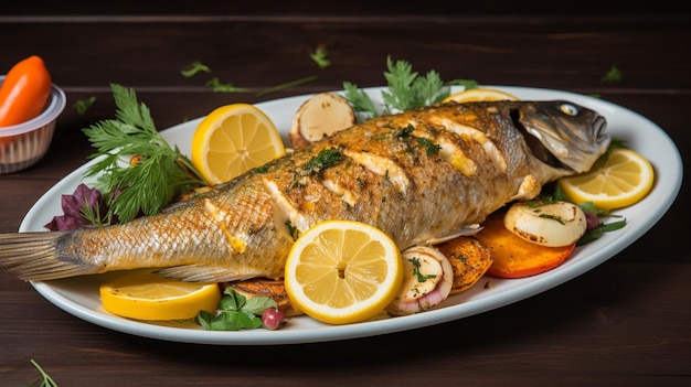 Une assiette de poisson avec du citron et de l'ail dessus