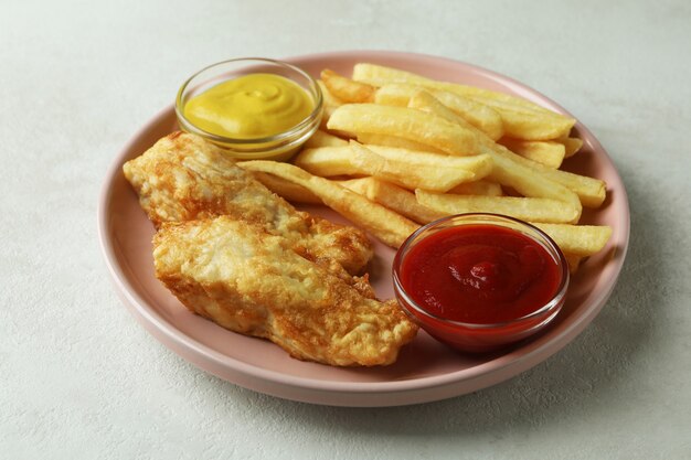 Assiette avec poisson frit et frites et sauces sur fond texturé blanc