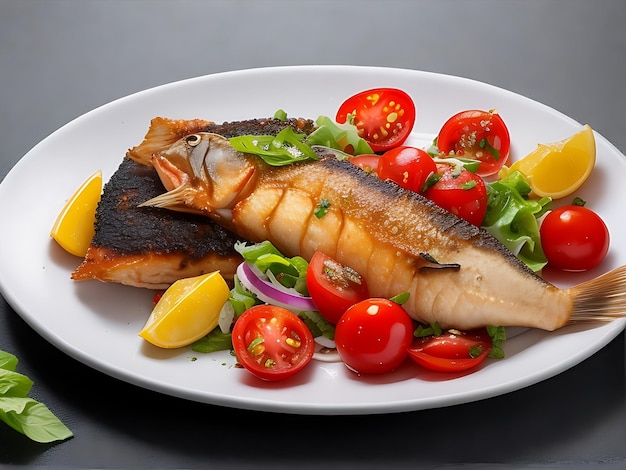 Une assiette de poisson frit avec une salade de tomates