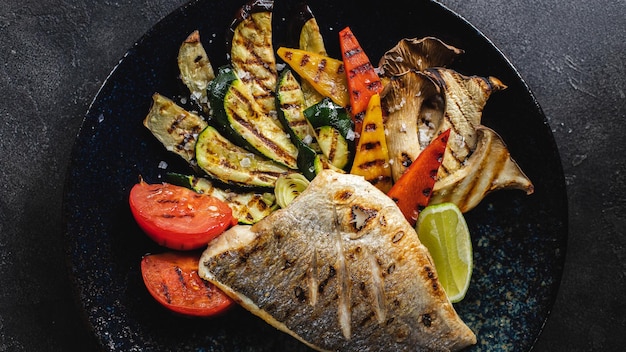 Une assiette de poisson grillé avec des légumes grillés.