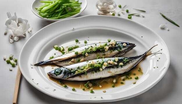 Photo une assiette de poisson avec des haricots verts et des pois dessus