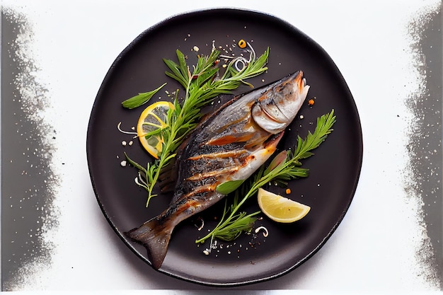 Une assiette de poisson avec des herbes et des citrons dessus