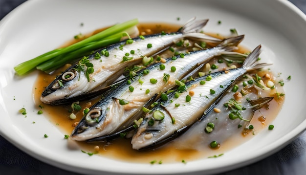 une assiette de poisson avec un légume vert dessus