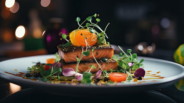 Une assiette de poisson avec des légumes et des fruits dessus