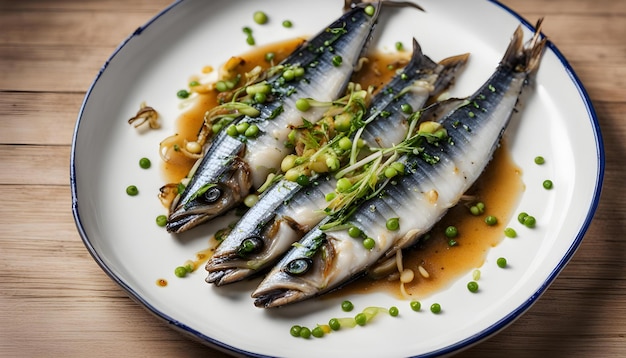 Photo une assiette de poisson avec des pois et des pois dessus