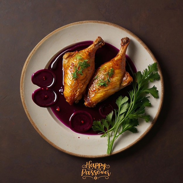 une assiette de poitrine de poulet avec une feuille qui dit " Bonne année "