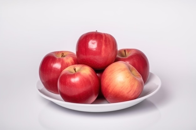 Une assiette de pommes rouges sur fond blanc