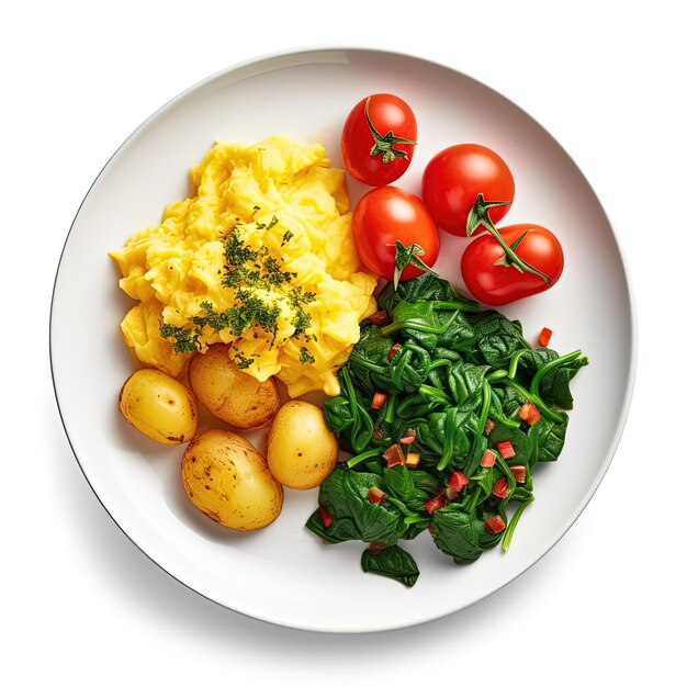 une assiette avec des pommes de terre, des tomates et des œufs brouillés aux épinards