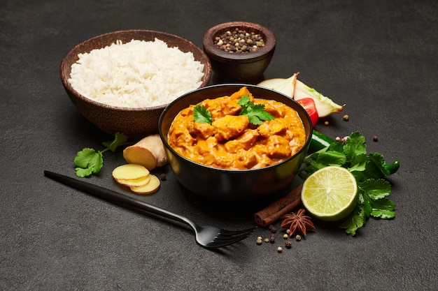 Assiette de poulet au curry traditionnel et épices sur table sombre