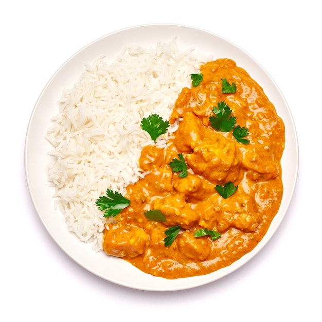 Assiette de poulet au curry traditionnel et riz isolé